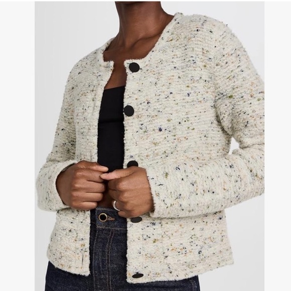 Theory Knit Boucle Tweed Crew Neck Wool Cardigan